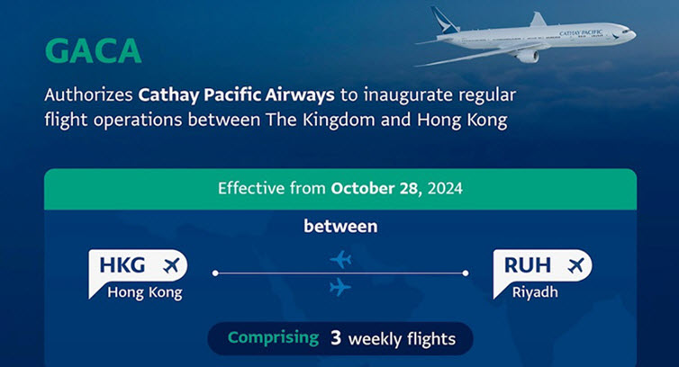 GACA Grants Cathay Pacific Airways Permission to Operate Regular Flights between Saudi Arabia and Hong Kong starting October 28